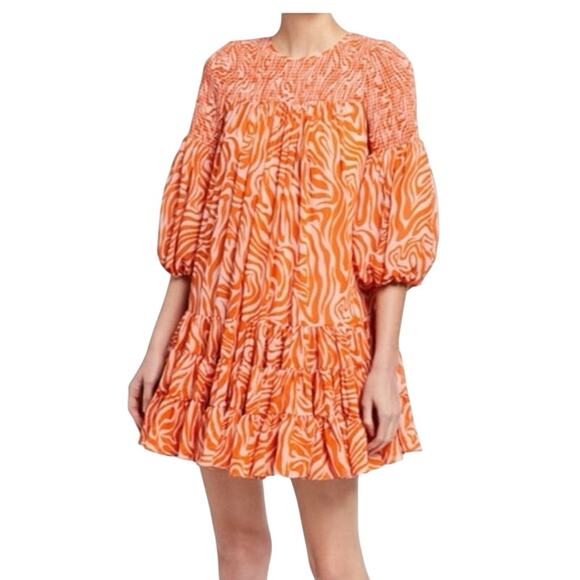 Cinq a Sept Billowed Sleeve Rika Dress Size 6 Orange Pink Smocked Boatneck NWT - Picture 2 of 14